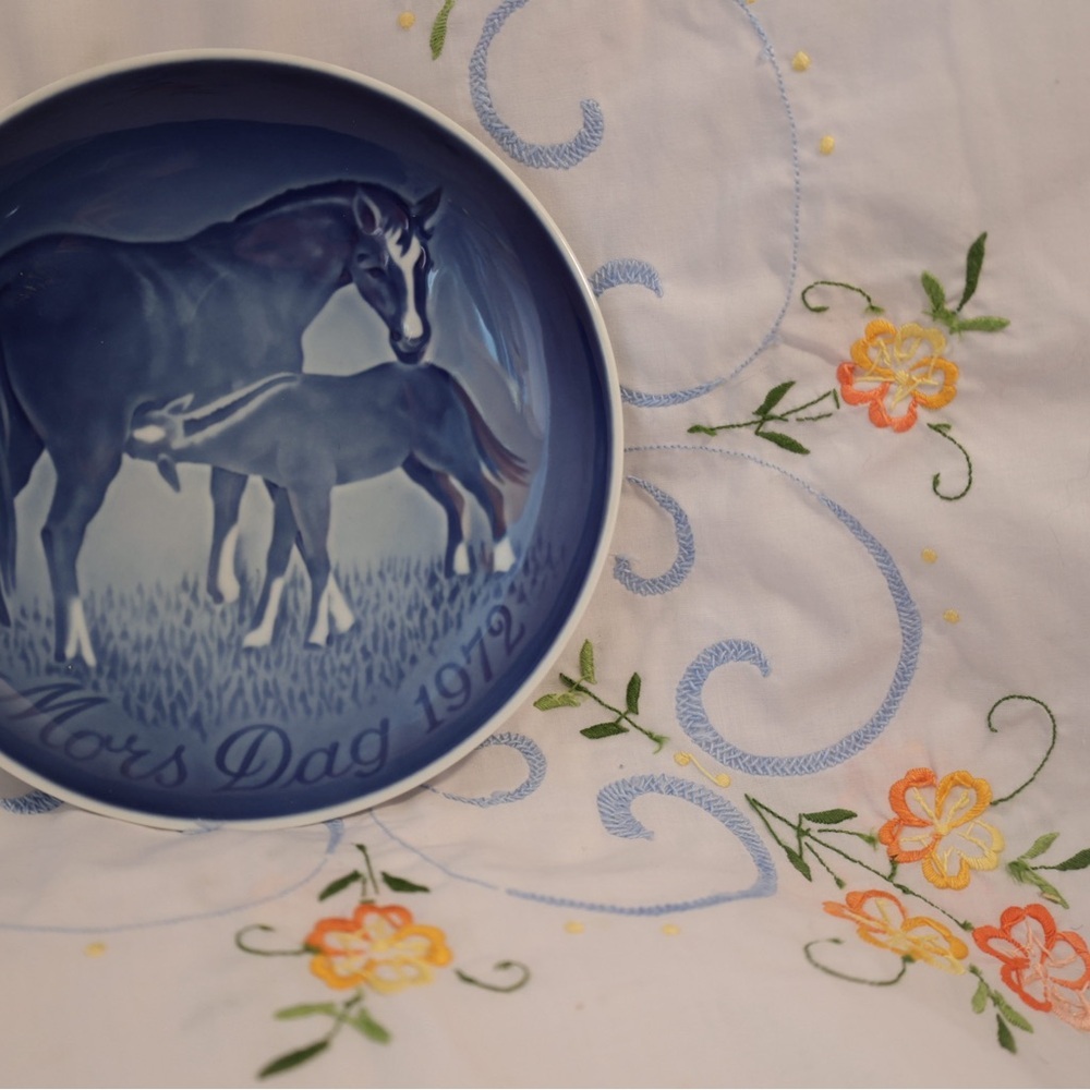Blue Decorative Plate mama baby horse fowl cute baby shower nursery danish farm